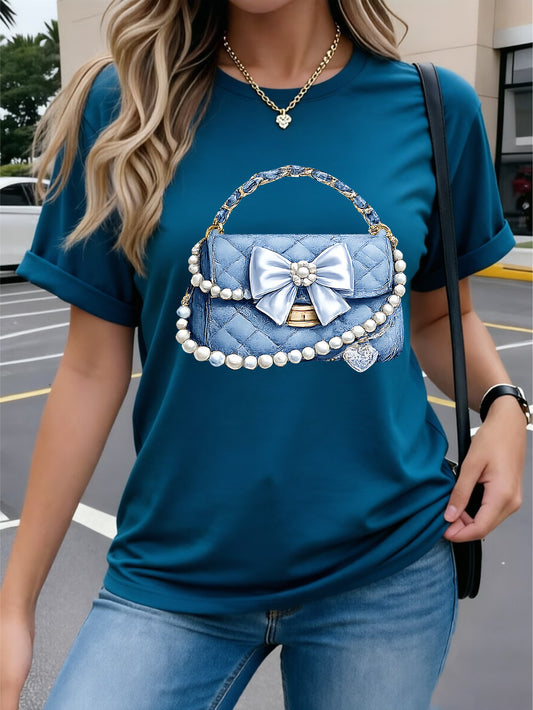 Denim Fabric Soft Denim Pearl Bow Heart T-Shirt