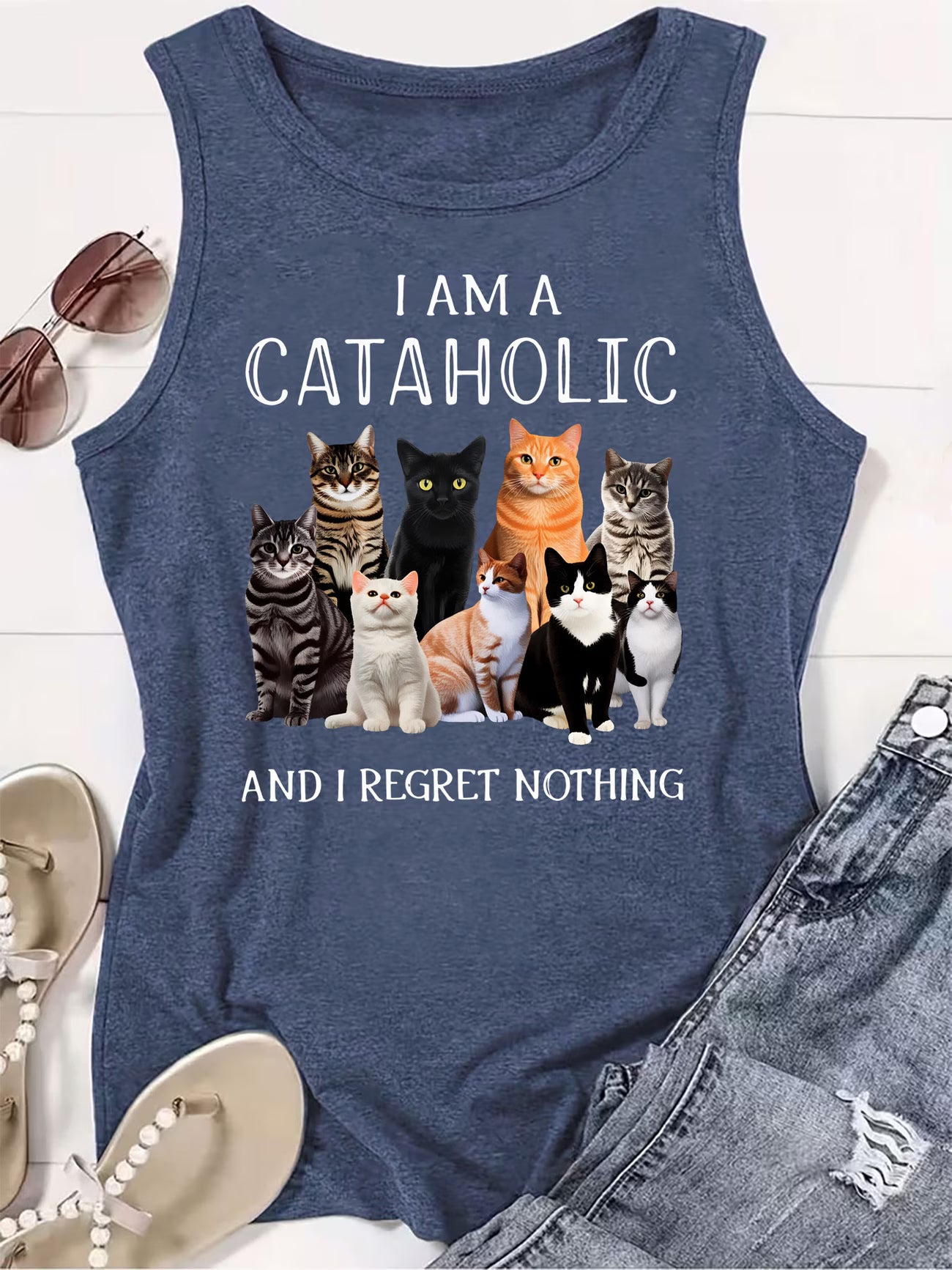 Women's "I Am a Cataholic" Cat Print Sleeveless Vest