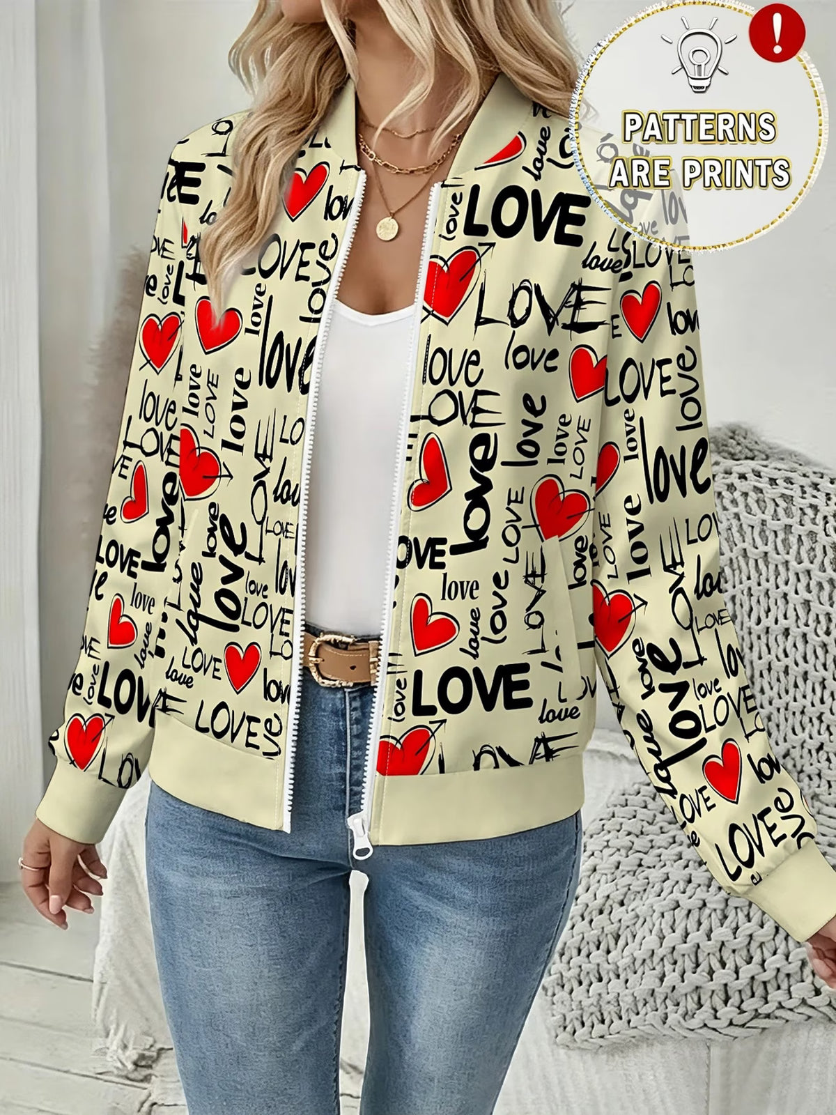 Women's Graffiti Heart & LOVE Print Zip-Up Baseball Jacket