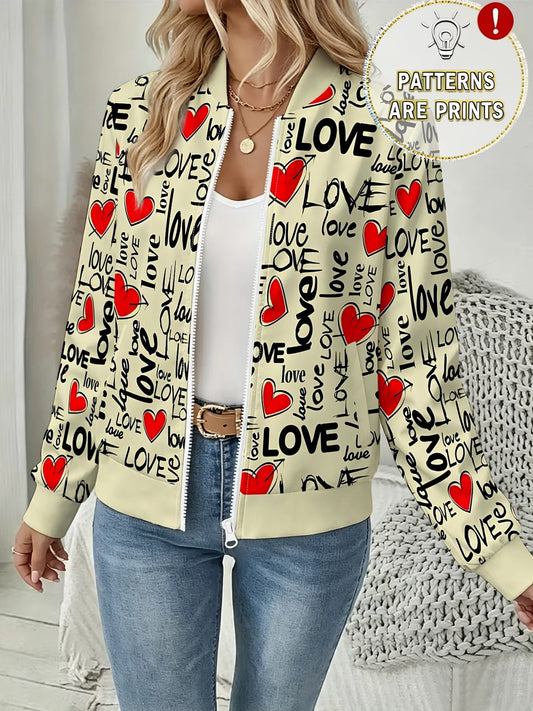 Women's Graffiti Heart & LOVE Print Zip-Up Baseball Jacket