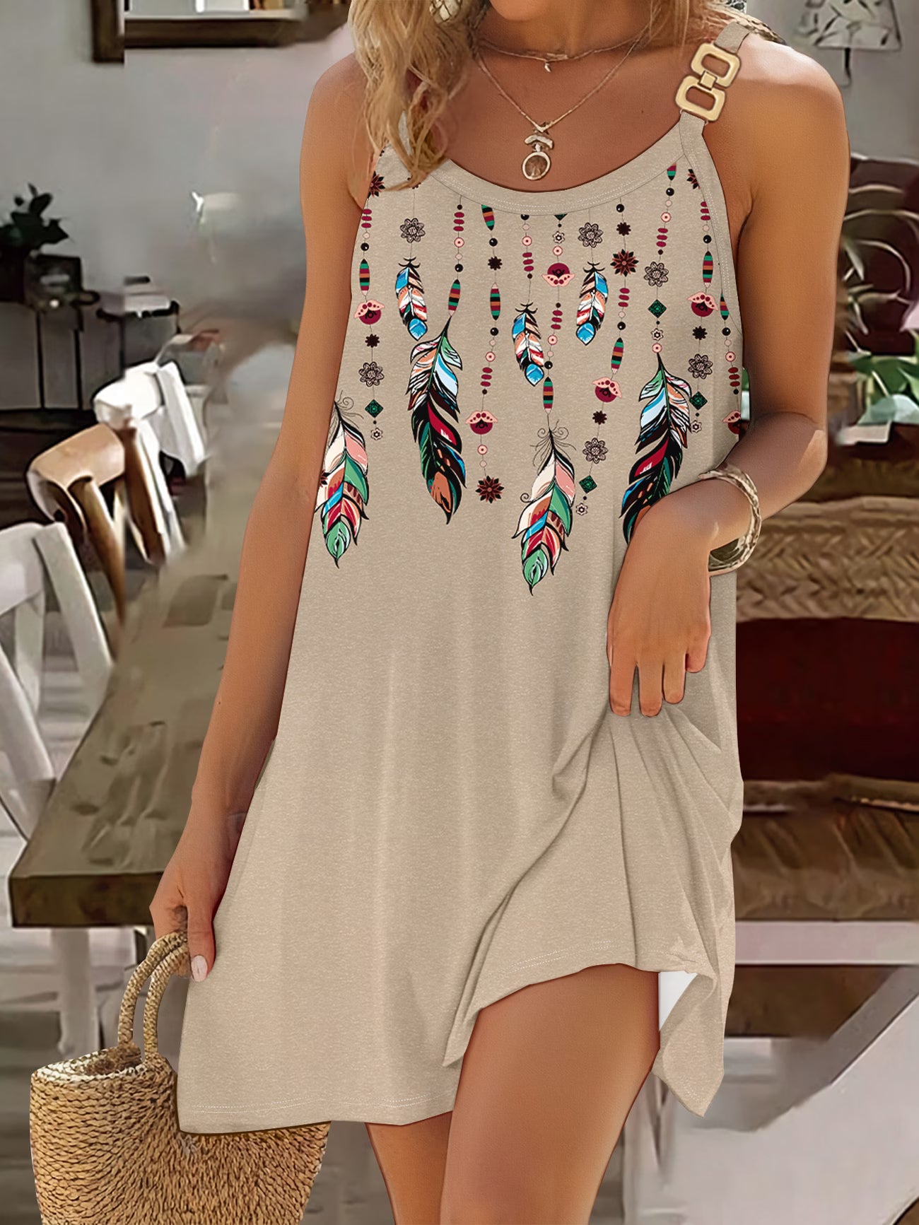 Women'S Fashion Printed Double Ring Buckle Strap Dress