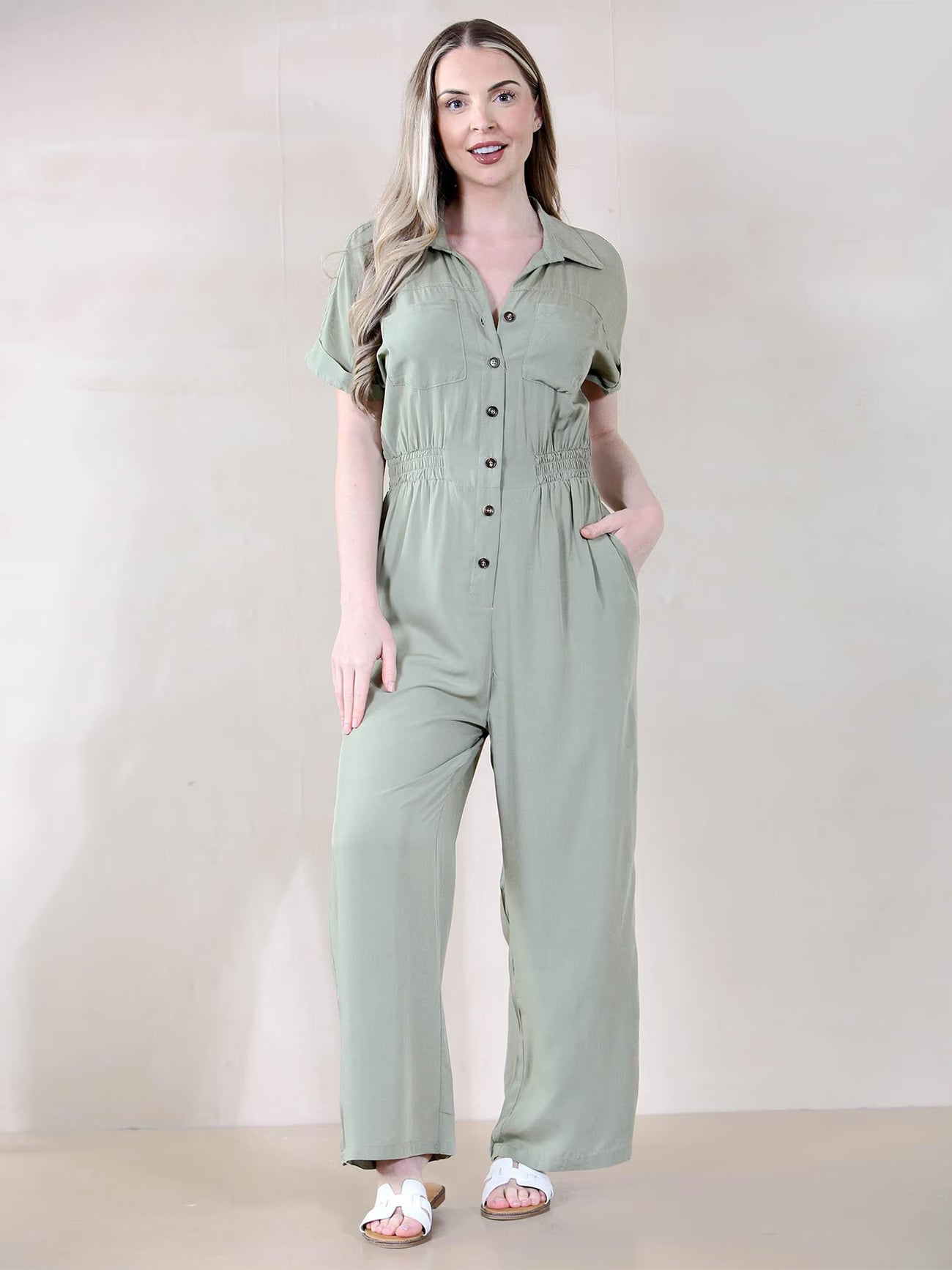Button Ruched Thin Waist Pocket Short Sleeve Jumpsuit,