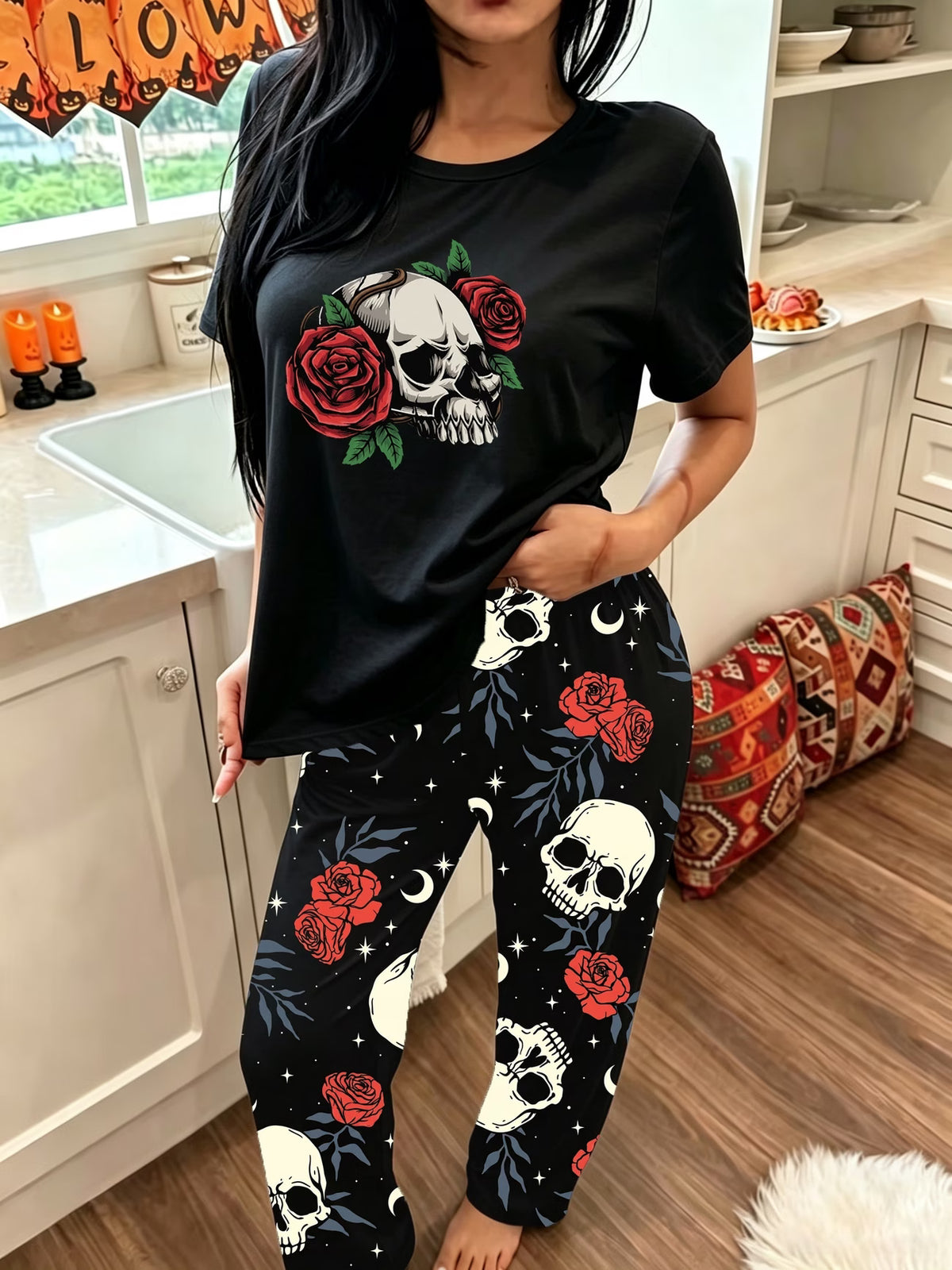 Women's Gothic Skull & Rose Halloween Pyjama Set