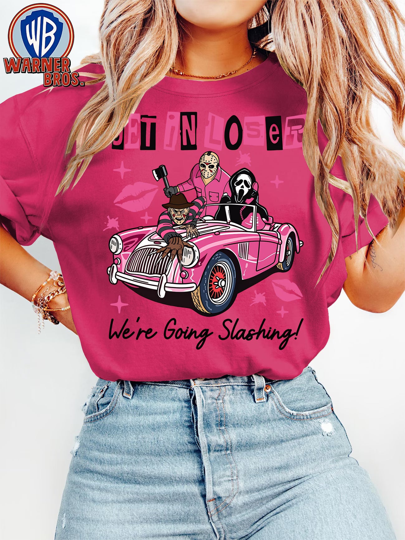 Women's Retro Cartoon Horror Character Pink Car Print T-Shirt