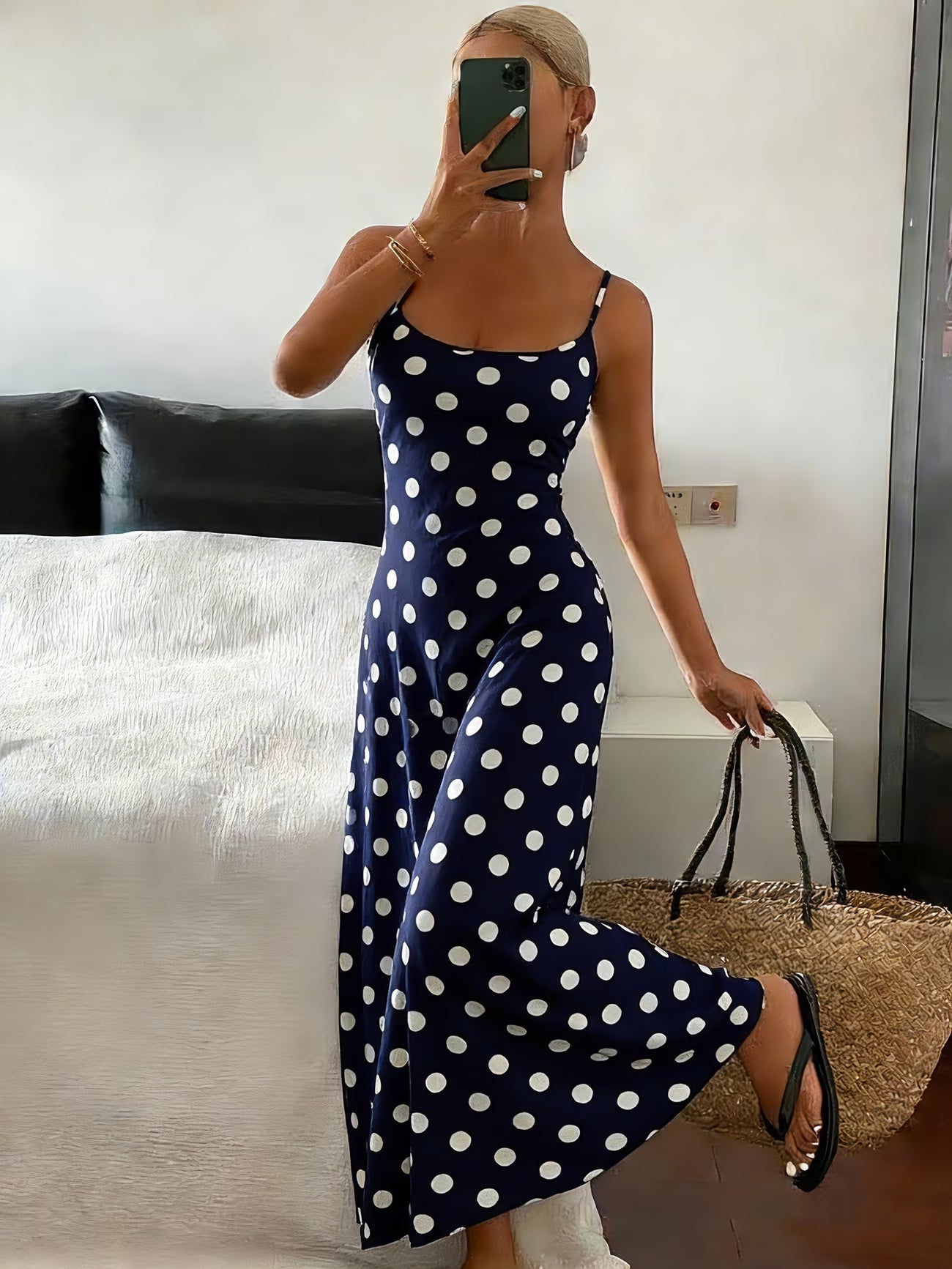 Spring Summer Polka Dot Print Cami Dress