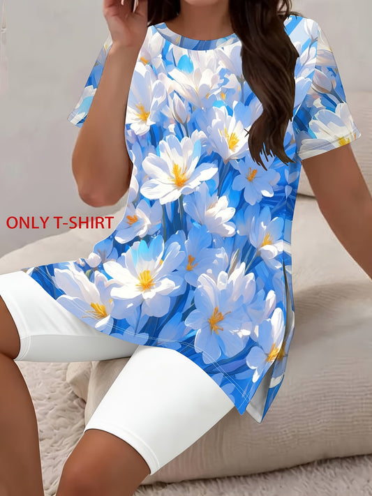Blue & Saffron Printed Loose Round Neck Side Slit T-Shirt – Plus Size