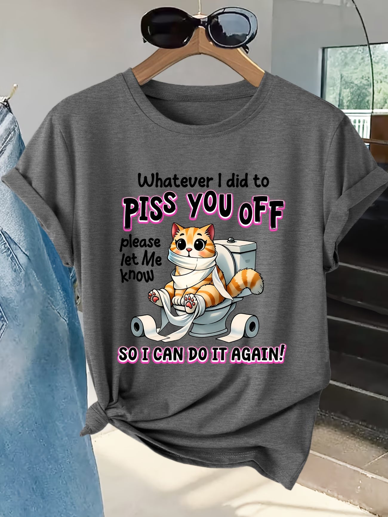 Women's Funny Toilet Cat Graphic Tee | Quirky Short-Sleeve T-Shirt