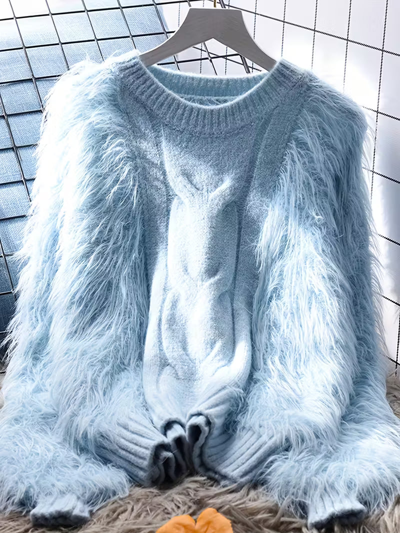 Women's Winter Casual Round Neck Fuzzy Long-Sleeve Sweater