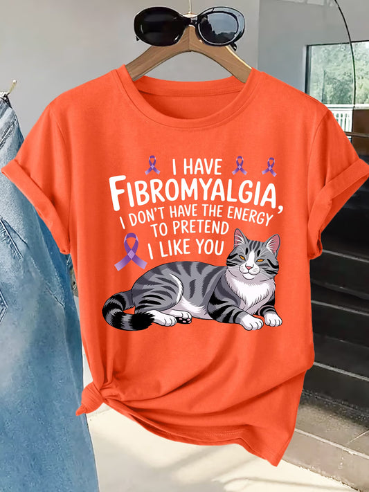 Plus Size Women's Fibromyalgia Awareness T-Shirt – Cat & Ribbon Print Slogan Top