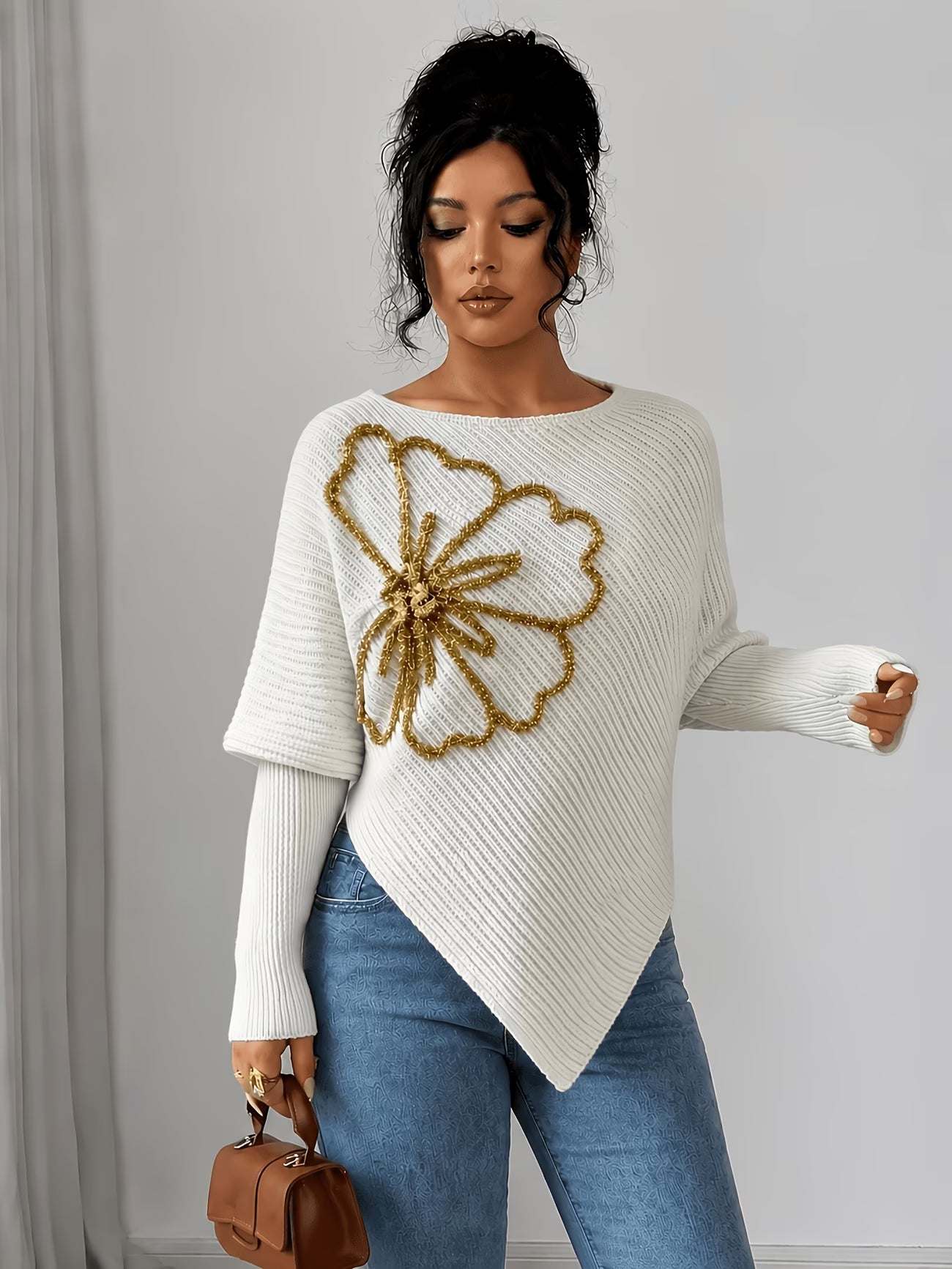 Golden Exaggerated Flower Batwing Sleeve Pullover Sweater