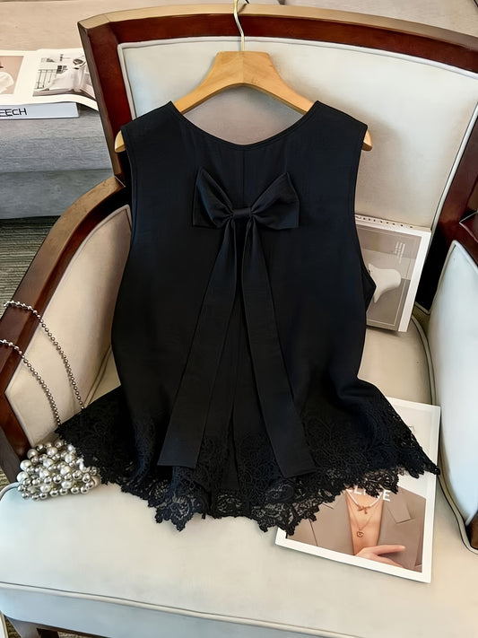 Women's Lace Trim Patchwork Sleeveless Blouse — Round Neck Vest Top