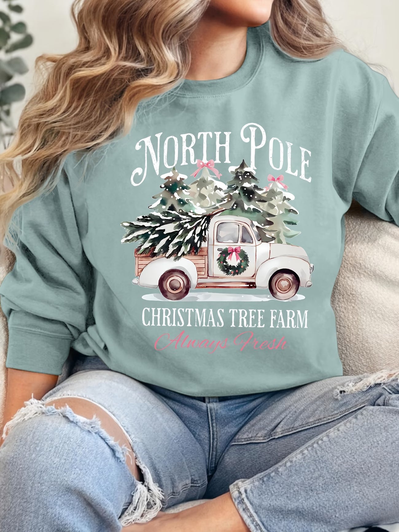 Women's North Pole Christmas Tree Farm Print Sweatshirt