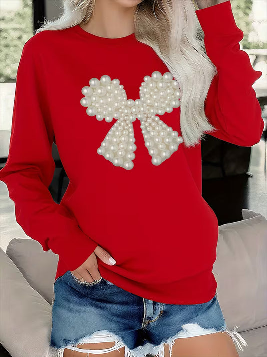 Women's Black Pearl-Embellished Butterfly Design Round Neck Sweatshirt