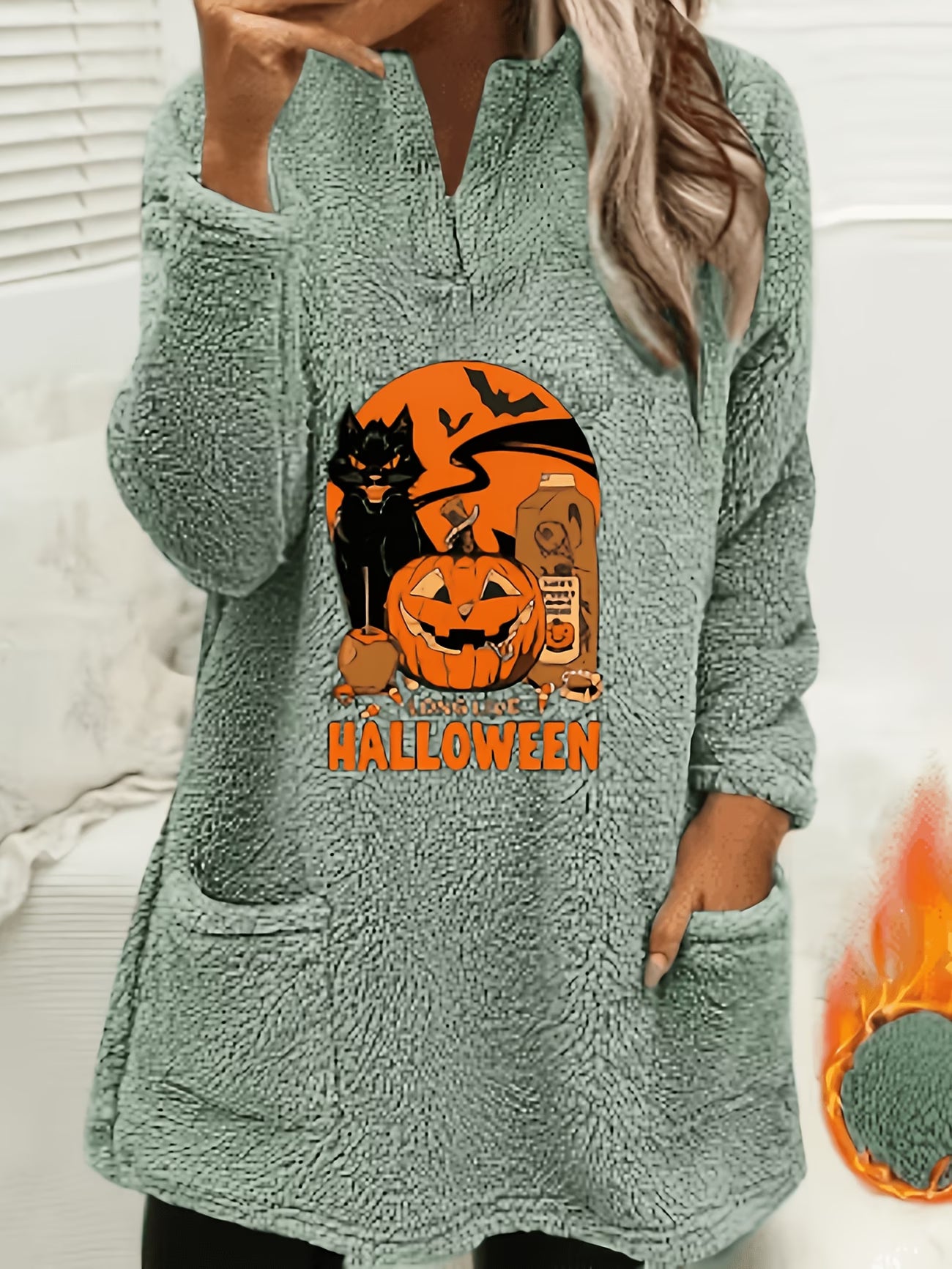 Halloween Print Plush Pullover Sweatshirt – V-Neck Soft Fleece Top