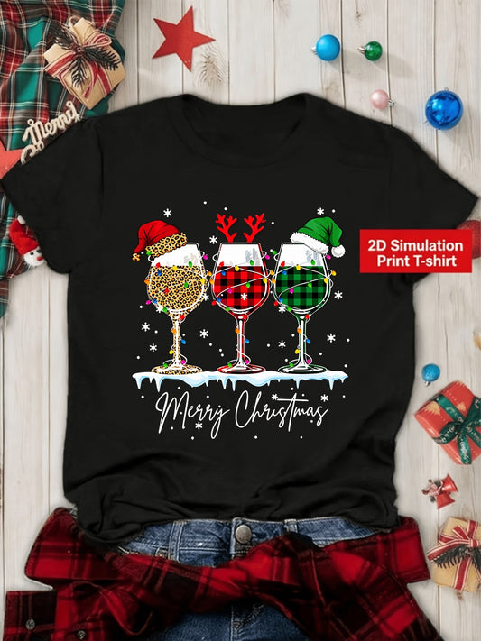 Women’s Black “Merry Christmas” Wine Glass Print T-Shirt