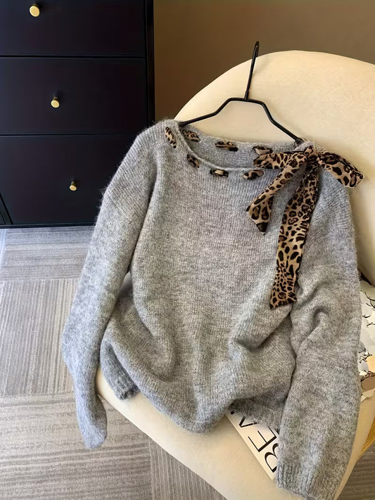 Oversized Sweater with Leopard Print Collar & Bow Tie