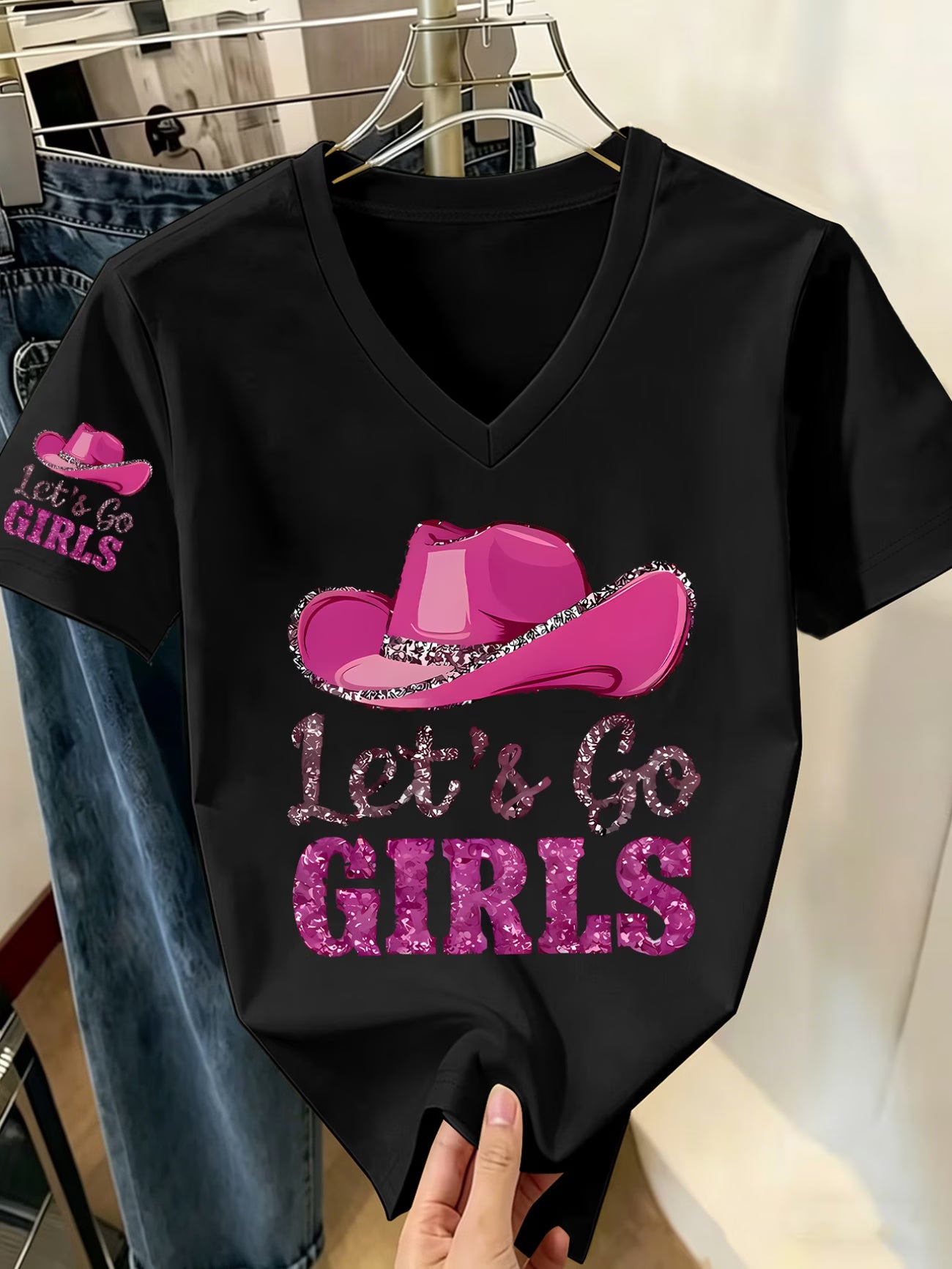 Summer V-Neck T-Shirt | Denim Hat Pattern Print | 'Let's Go' Slogan