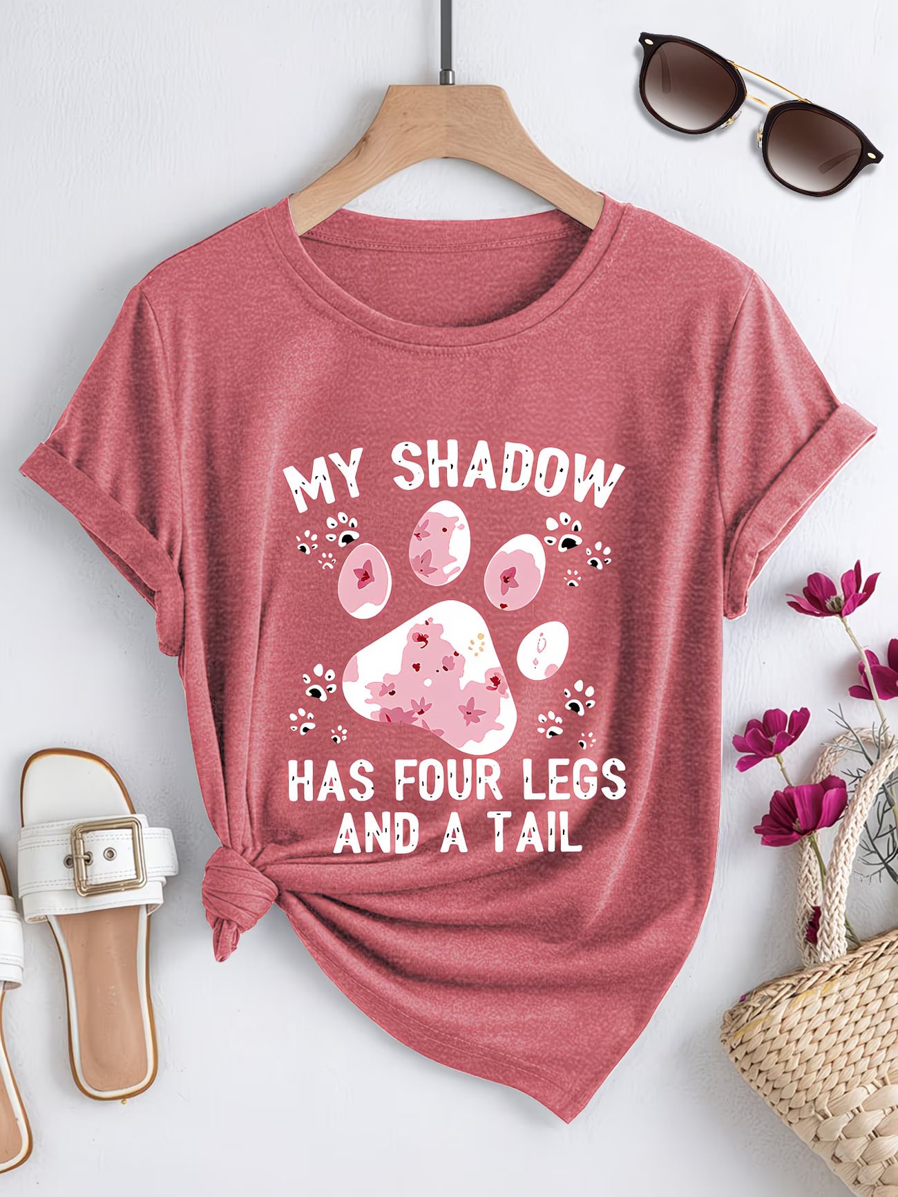 Women's Plus Size Pet Paw Print T-Shirt — "My Shadow Has Four Legs & a Tail"