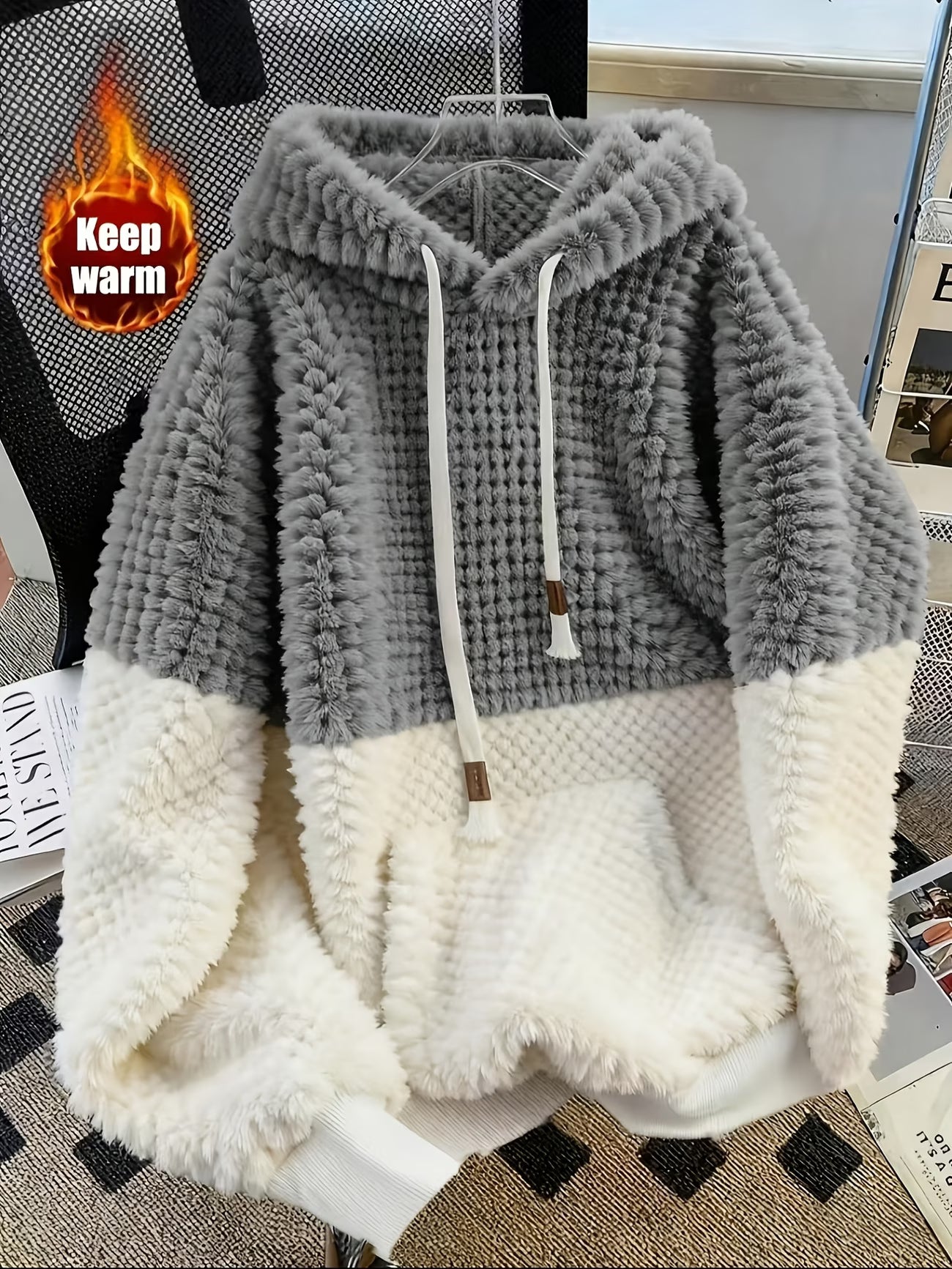 Plush Hooded Pullover Sweatshirt – Soft Patchwork Fleece Top
