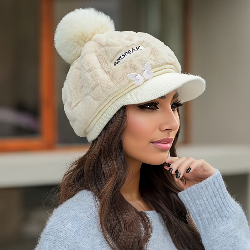 Women's Plush Fleece Duckbill Beanie Hat – Letter & Butterfly Embellishments