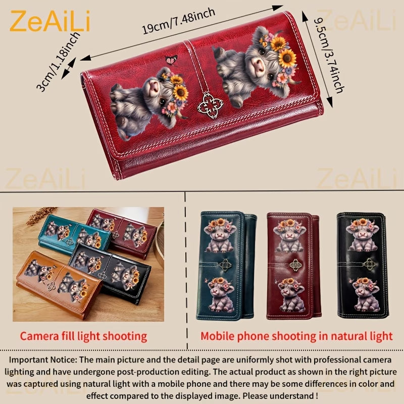 Vintage Tri-Fold Highland Cow Wallet – 2D Calf Print Long Clutch Purse
