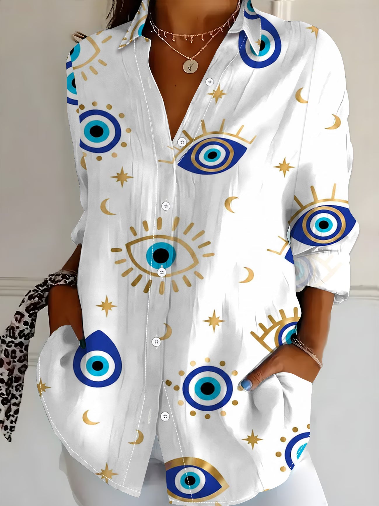 Plus Size Women's Long Sleeve Digital Print Lapel Blouse