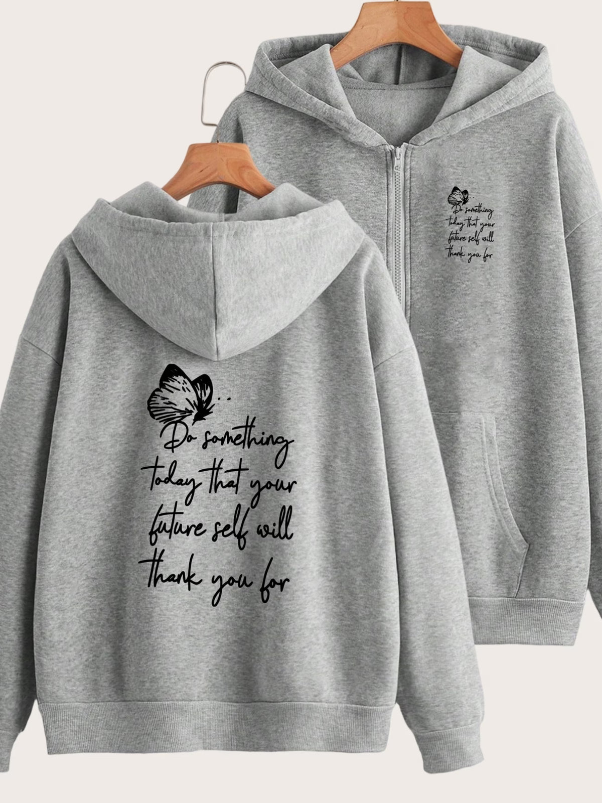 Butterfly & Inspirational Text 2-Pattern Print Y2K Zip-Up Hoodie