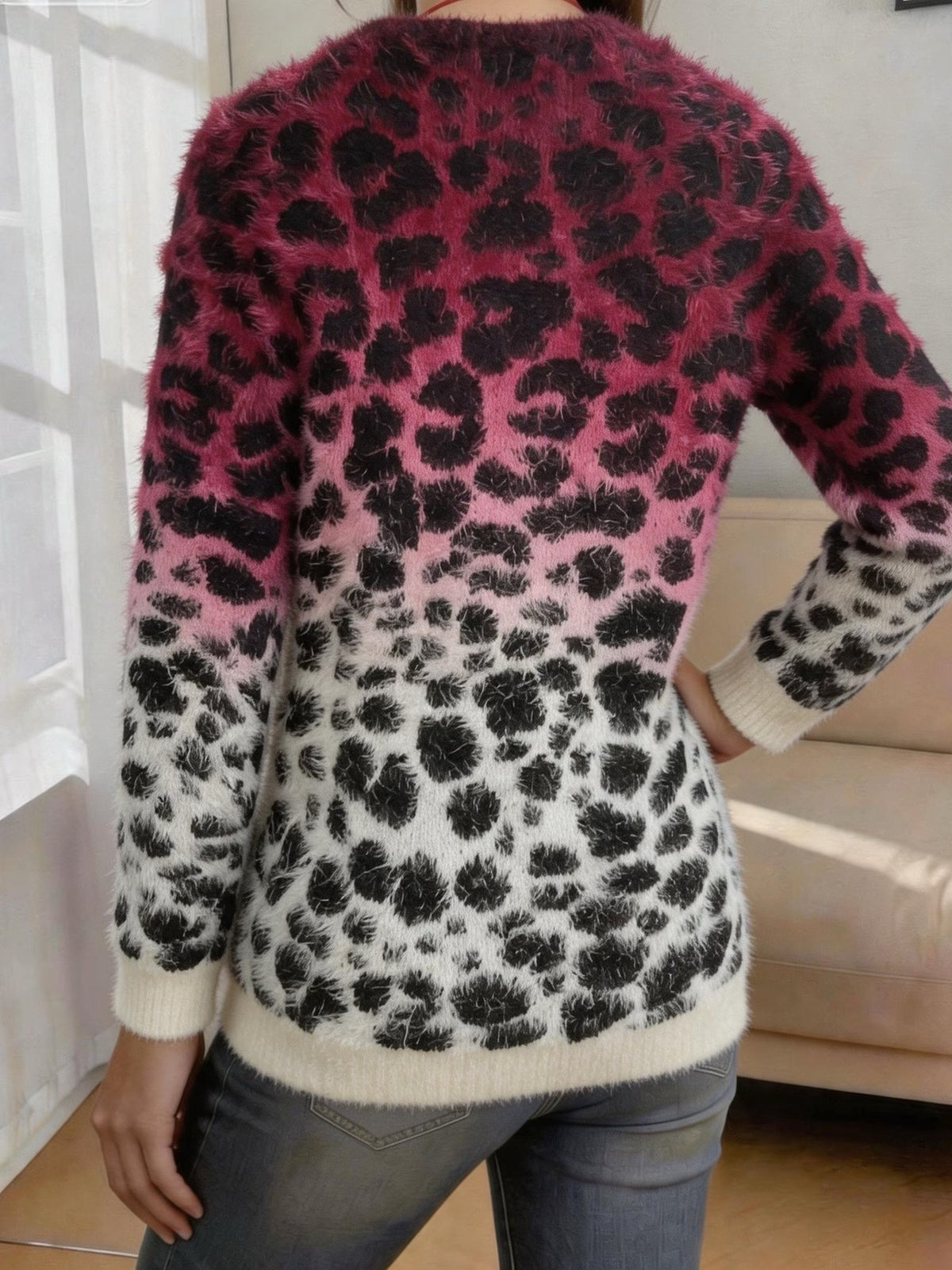 Blush Ombre Leopard Print Round Neck Sweater
