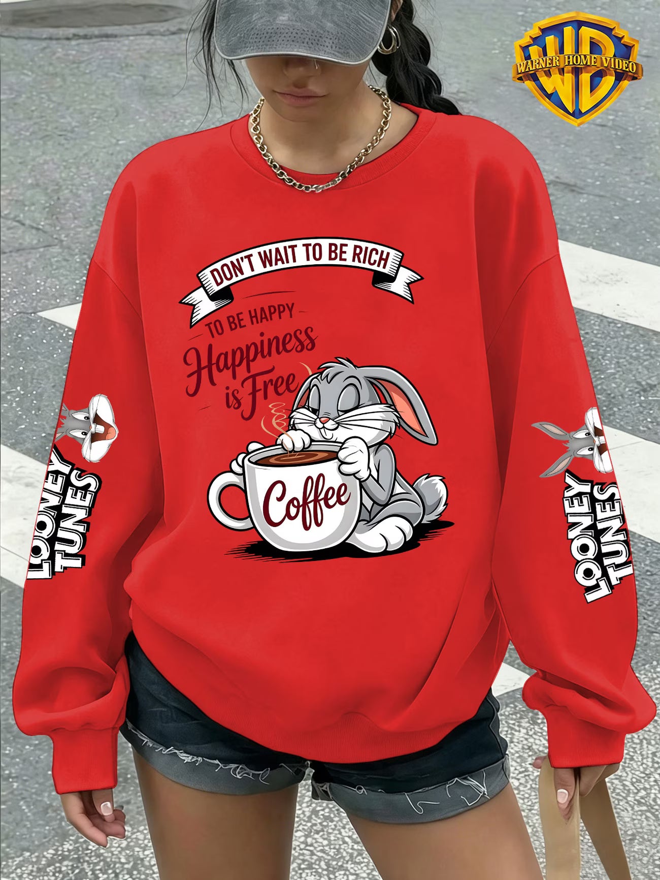 Women's Crew Neck Sweatshirt – Coffee-Themed Cartoon Bunny Graphic