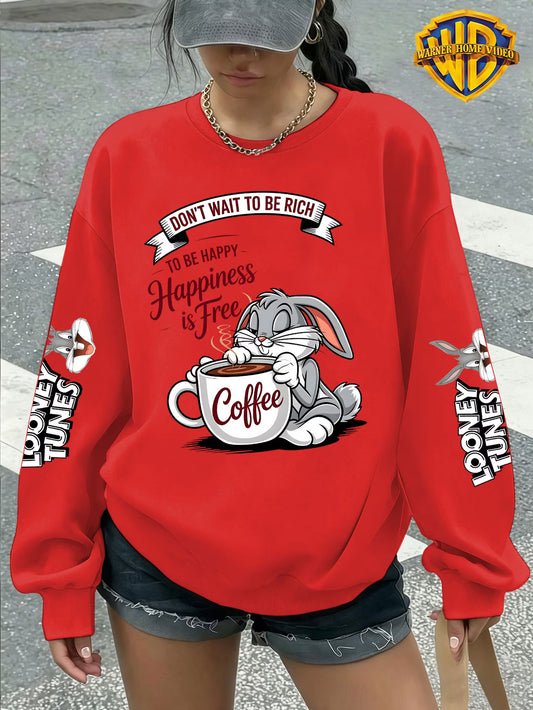 Women's Crew Neck Sweatshirt – Coffee-Themed Cartoon Bunny Graphic