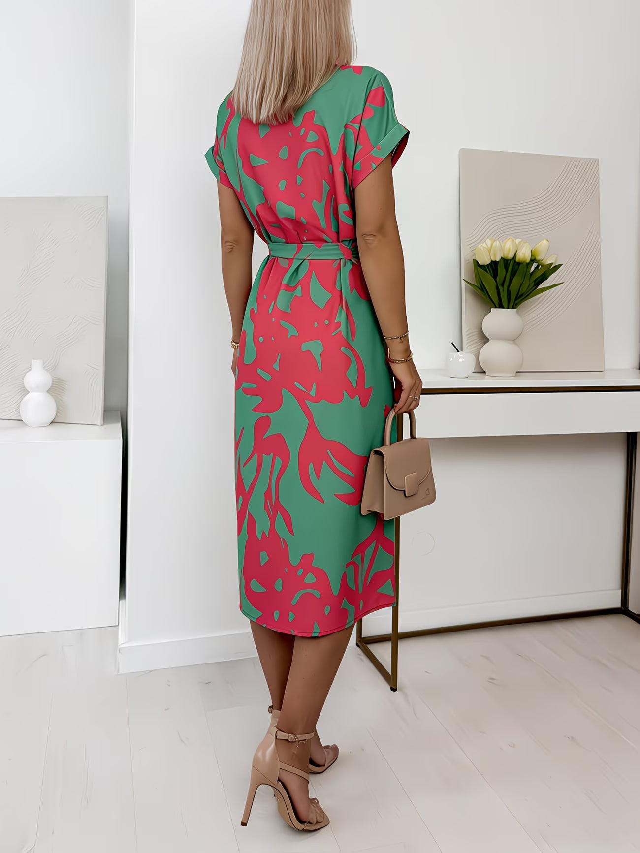 Colour-Block Abstract Print Midi Dress – V-Neck Fitted Blouse Style