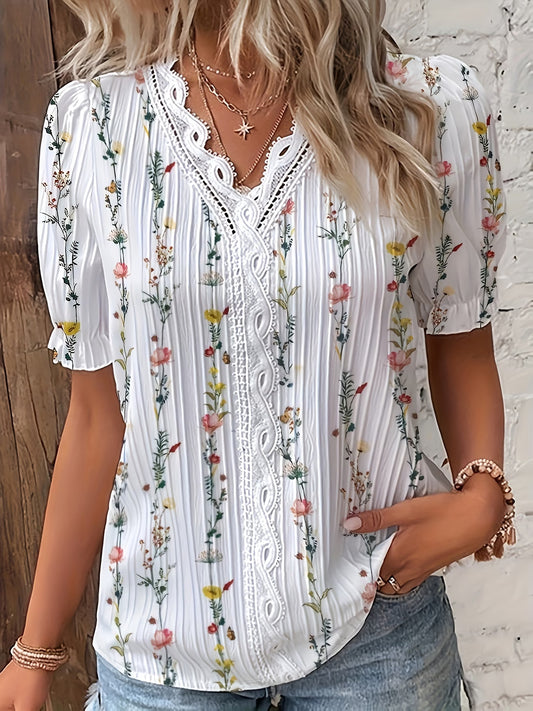 Women's Printed V-Neck Lace Trim Blouse – Short Sleeve
