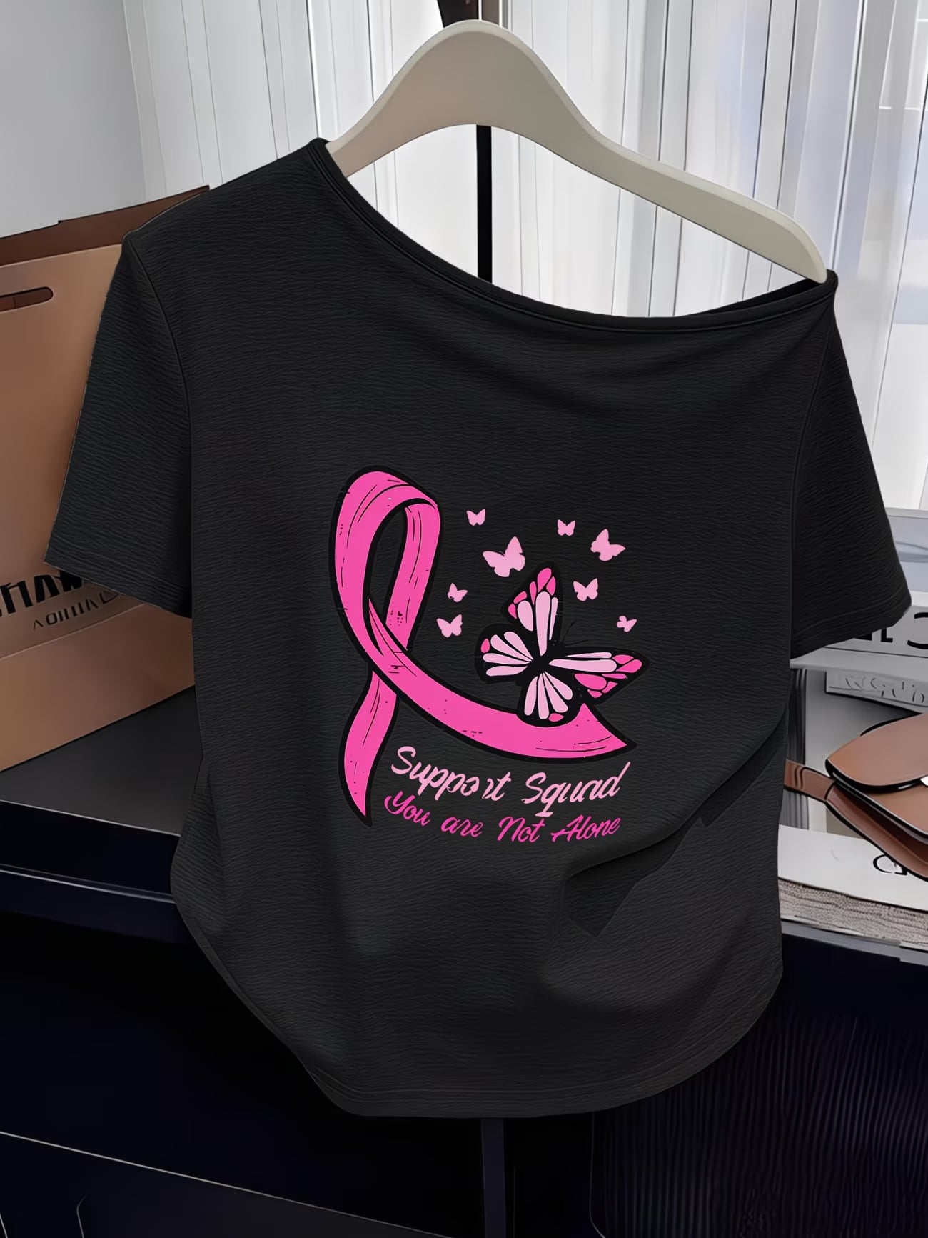 Women's Y2K Off-Shoulder Tee – Pink Ribbon & Butterfly Print