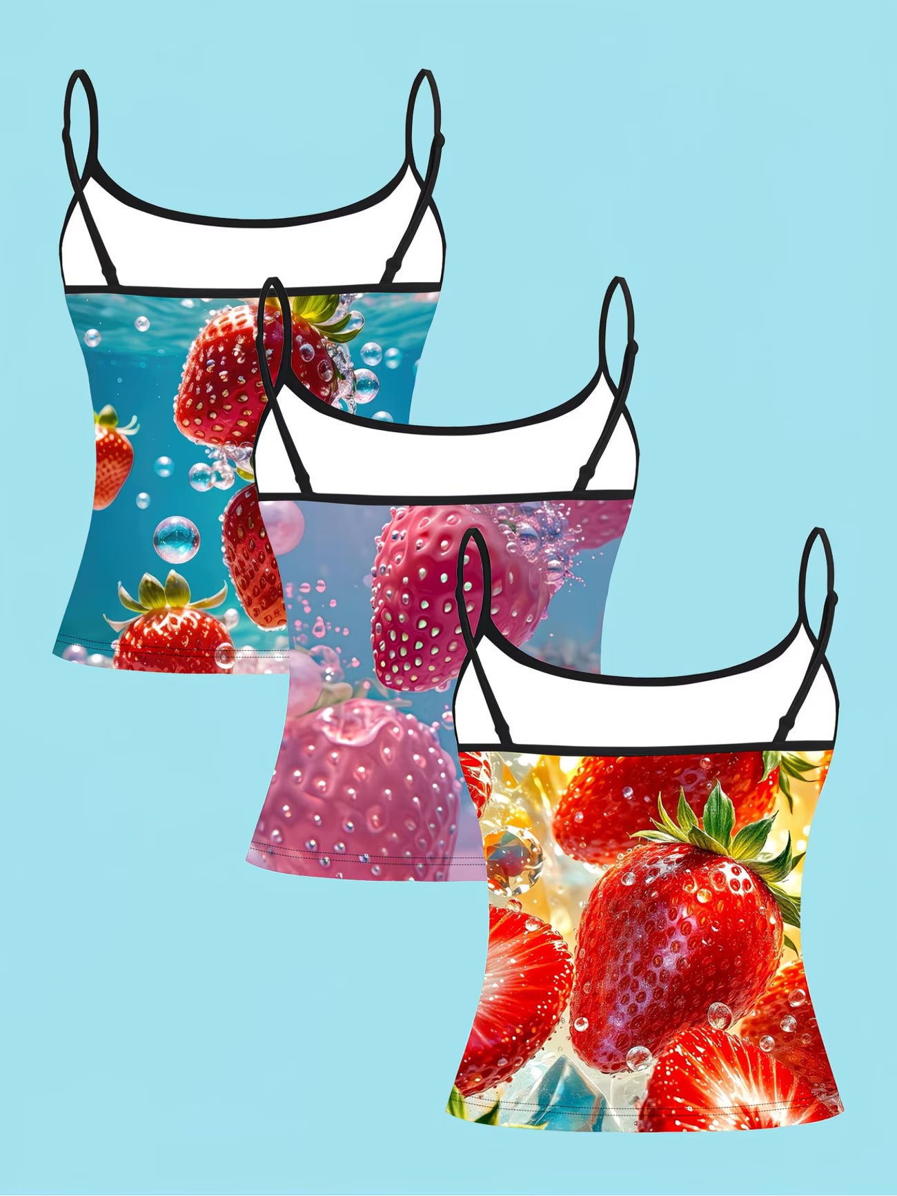 Fresh Strawberry Bubble Print Camisole – 3-Piece Spaghetti Strap Summer Top