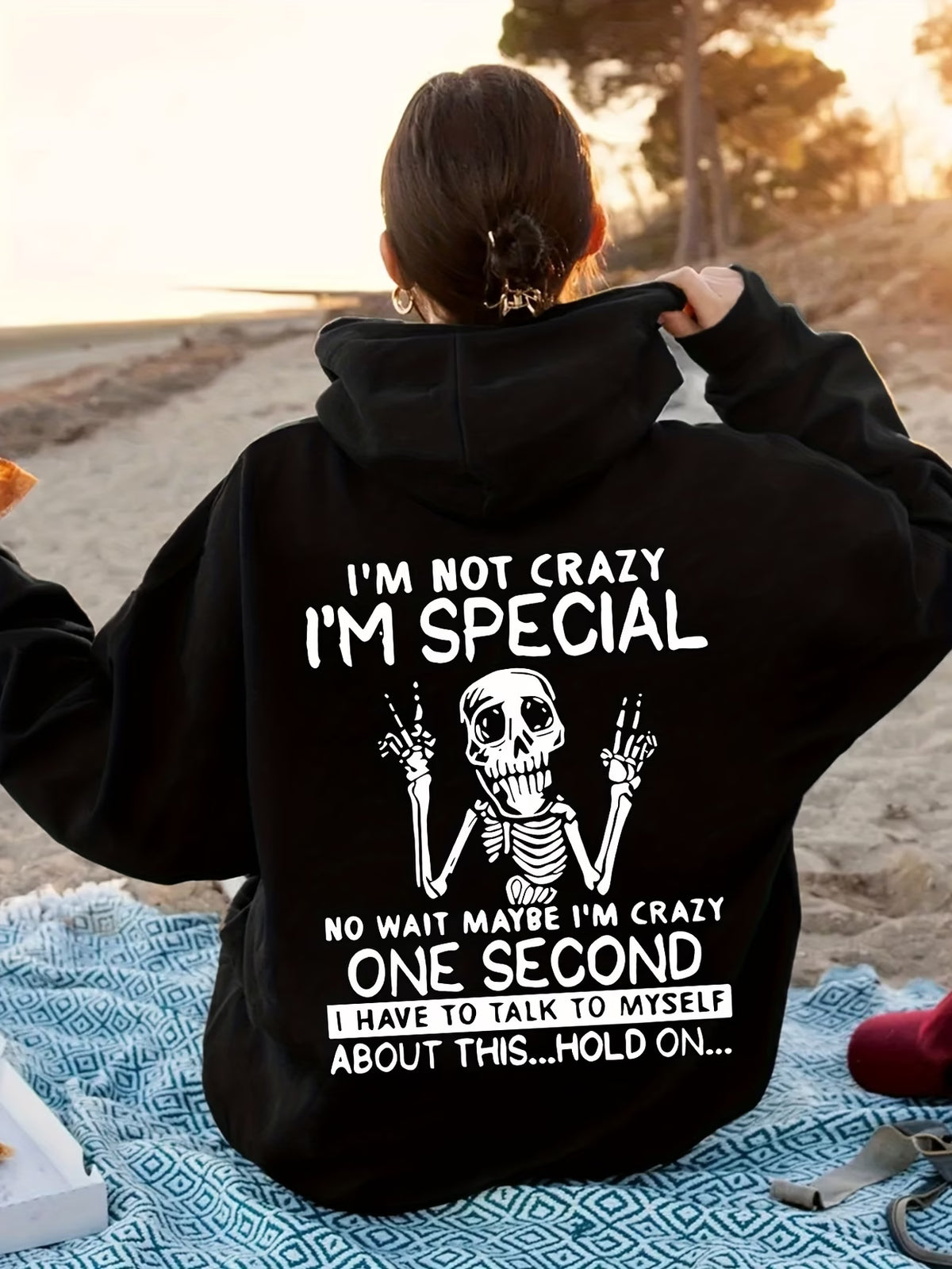 Women's Skeleton Print Slogan Hoodie with Kangaroo Pocket