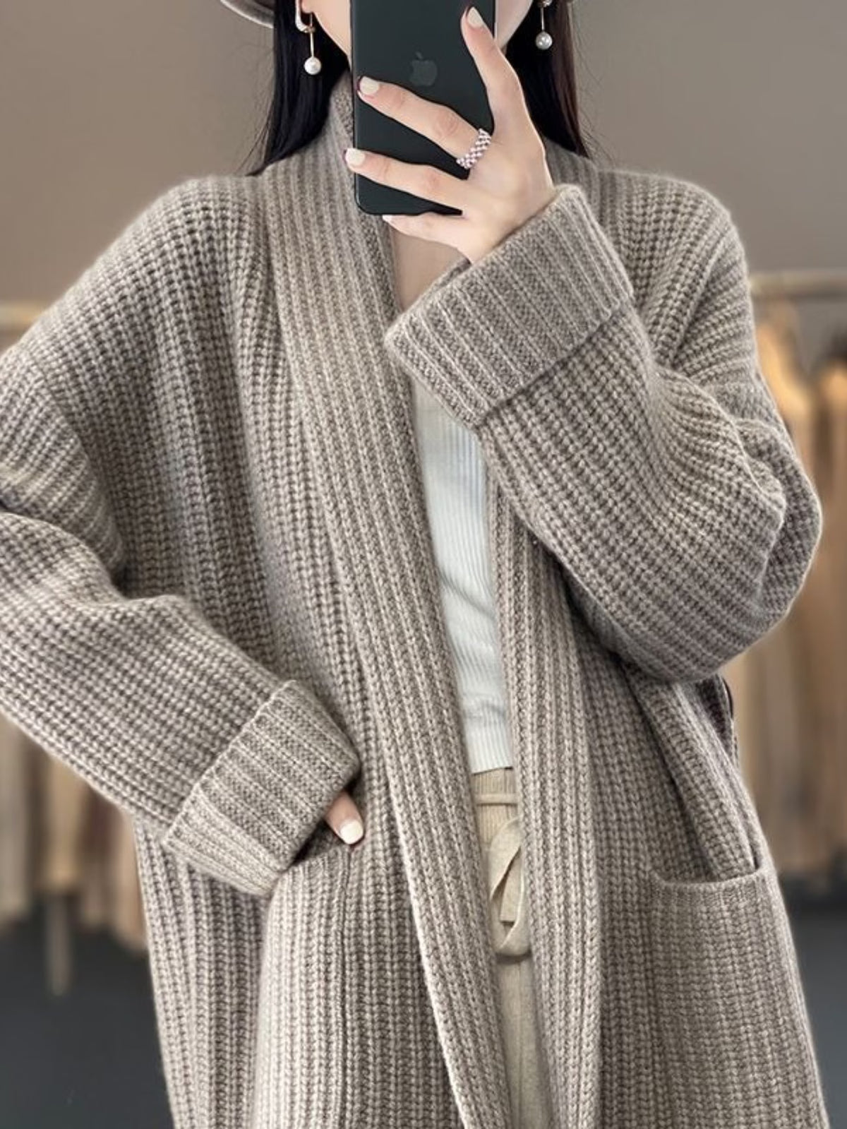 Women's Shawl Collar Waffle Knit Cardigan – Open Front Mid-Length with Pockets
