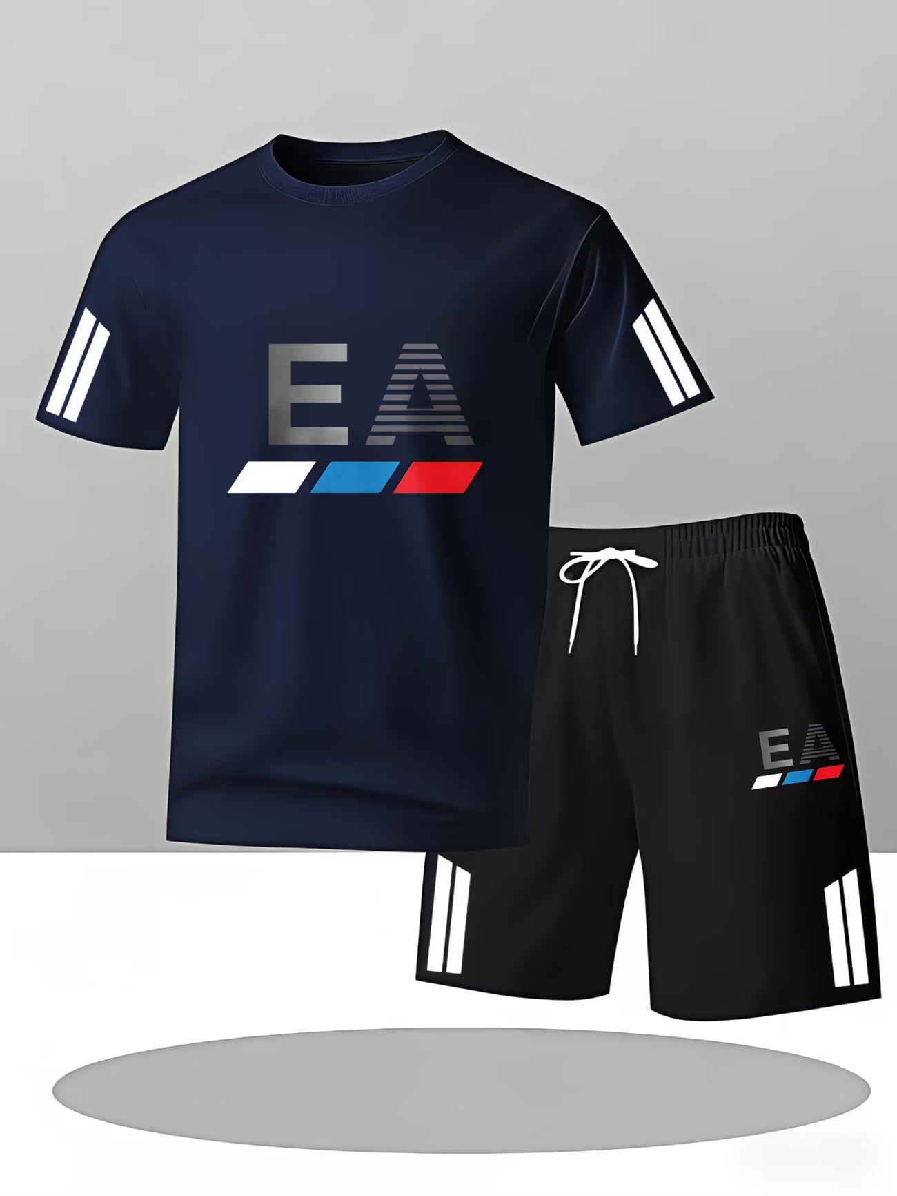 Men's Casual Sportswear Set – EA Logo & Colour Block T-Shirt