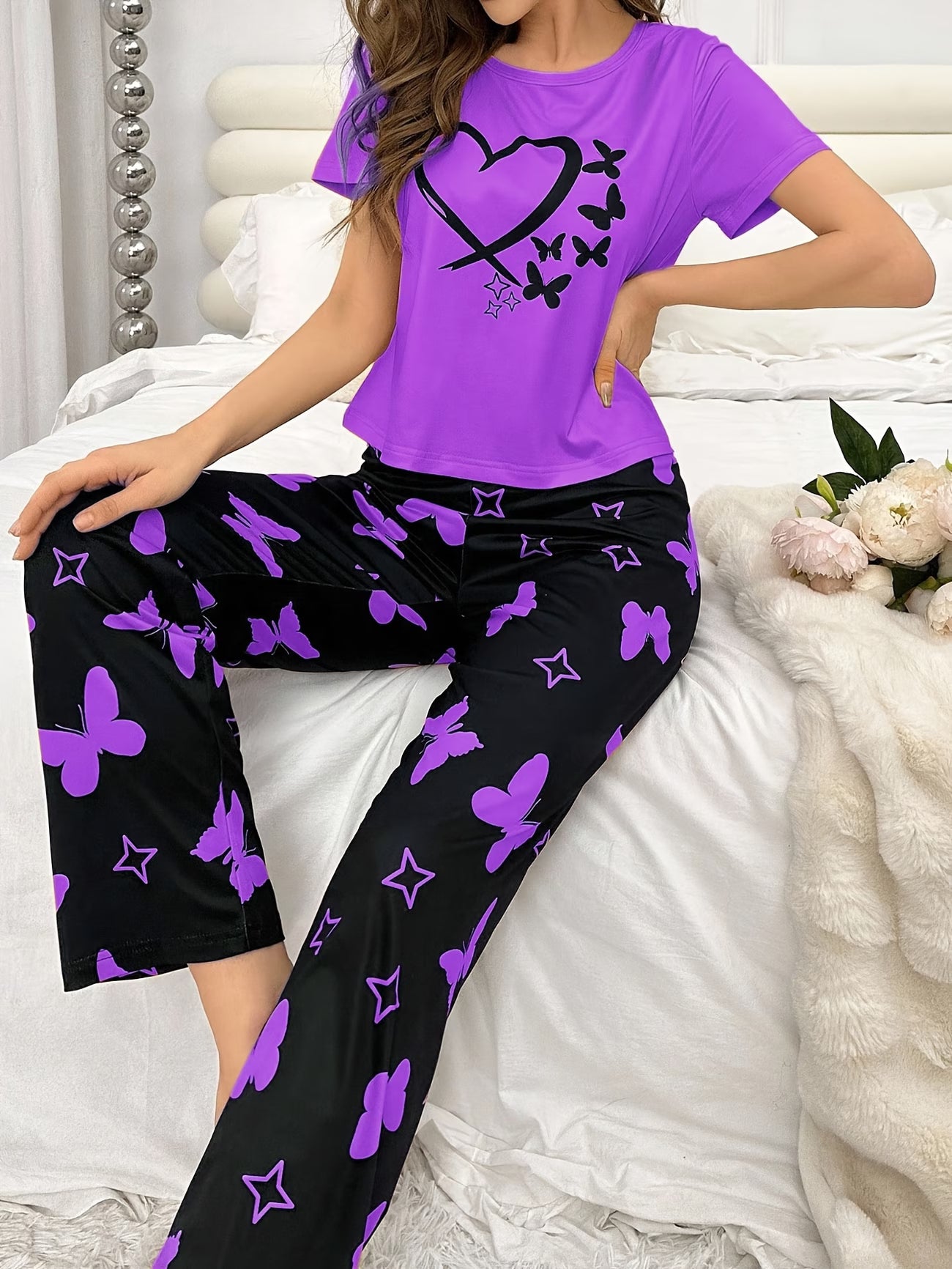 Love Butterfly Sleepwear Home Set | Short Sleeve Top & Elastic Waist Pants
