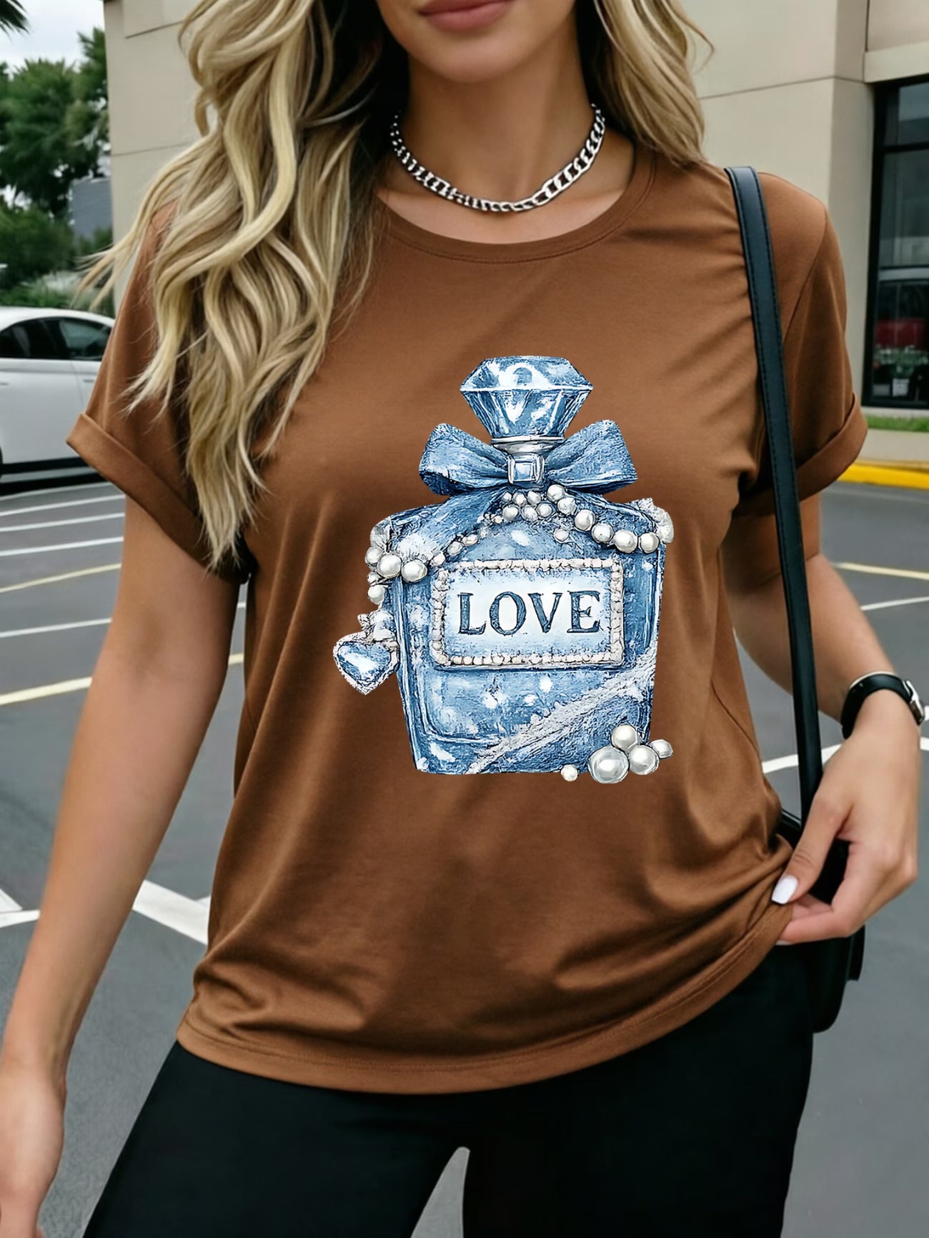 Denim Pearl Bow Heart T-Shirt Denim Fabric