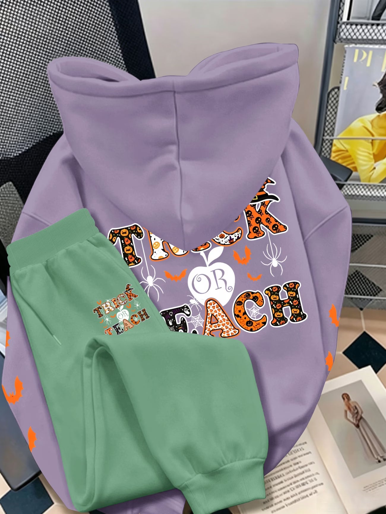 Plus Size Halloween Hooded Sweatshirt Set — Pumpkin & Bat Triple Back Print