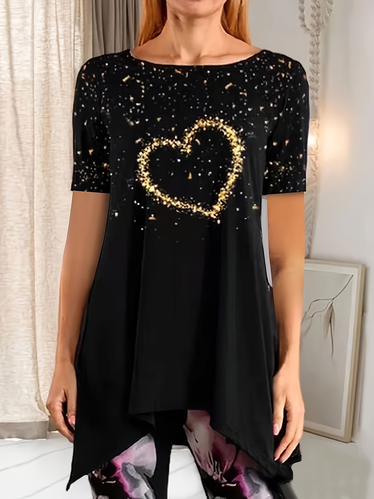 Plus-Size Women's Heart Print Short-Sleeve Elegant Top