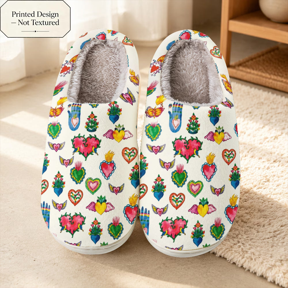 Hand-Painted Heart & Palm Pattern Soft Slippers