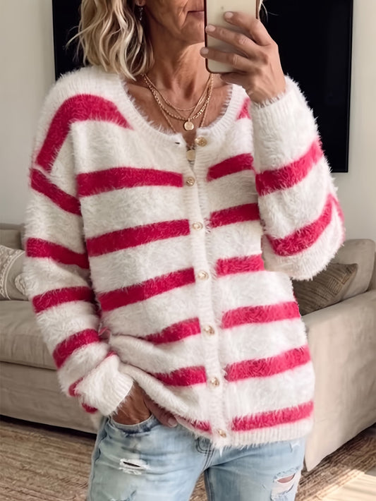 Women's Contrast Stripe Plush Cardigan with Metal Buttons