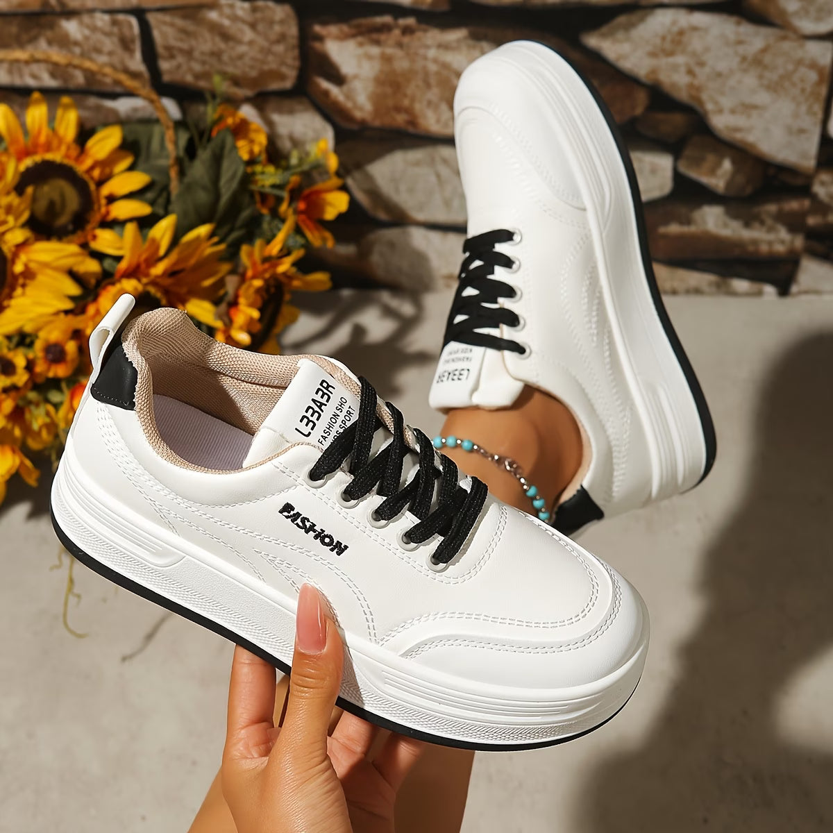 Spring White Platform Lace-Up Sneakers