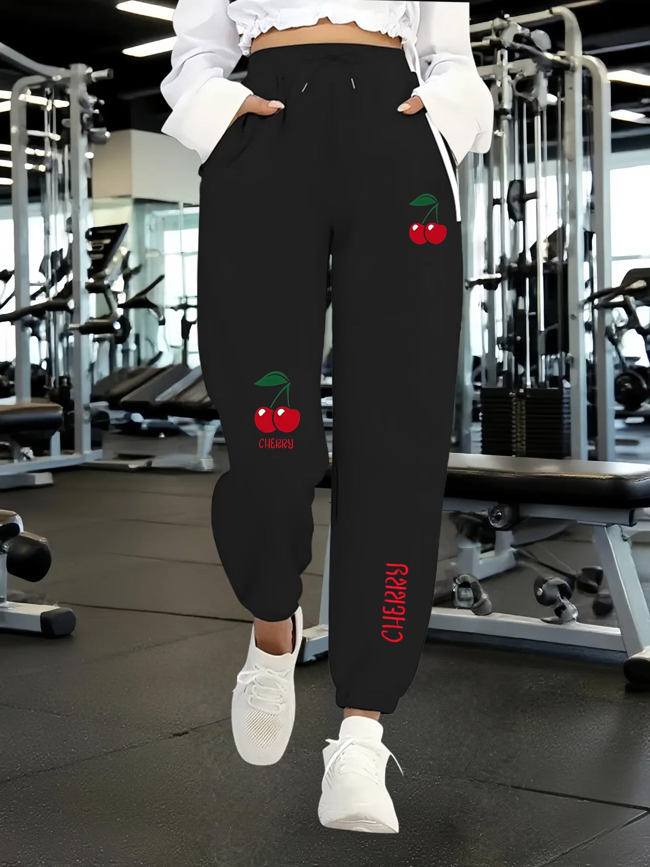 Women's Sports Pants with Fresh Cherry and Letter Print Design