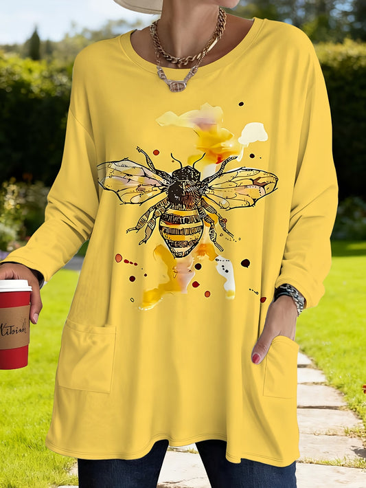 Plus Size Yellow Printed Bee Pattern Long Sleeve T-Shirt