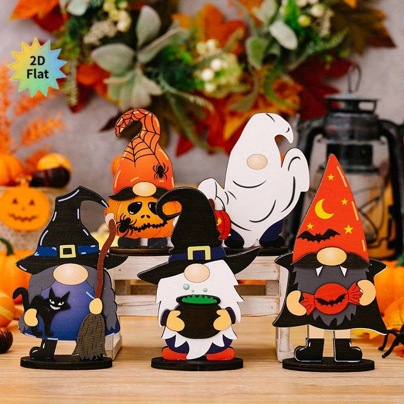 2D Flat Wooden Halloween Gnome Figurine Decoration Set (Set of 6)