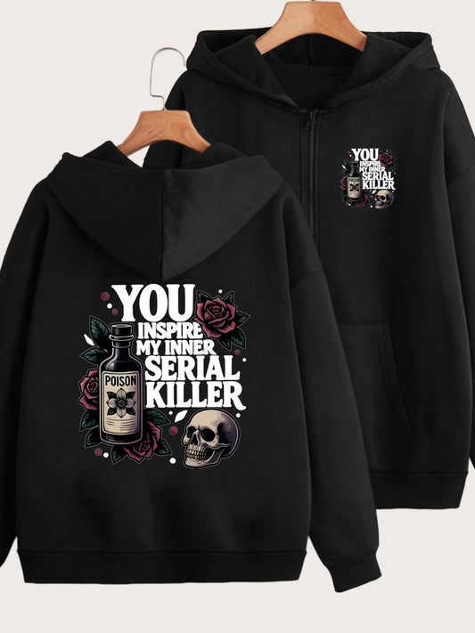 Poison Skull Rose 2-Pattern Dark Print Y2K Zippered Hoodie | Front & Back