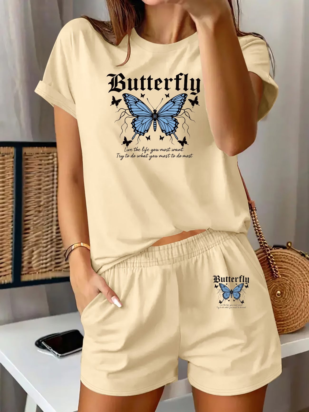 Blue Butterfly & Elegant Text Print Two-Piece Set – Round Neck Tee & High-Waist Shorts