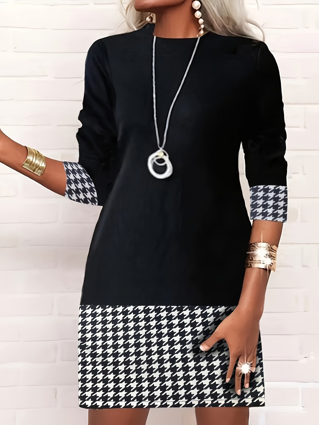 Color-block Printed Round-neck Long-sleeve A-line Women's Dress